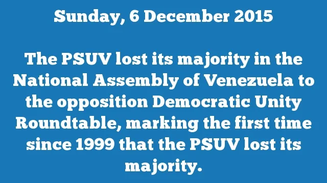 The PSUV lost its majority in the National Assembly of Venezuela to the opposition Democratic Unity Roundtable, marking the first time since 1999 that the PSUV lost its majority.